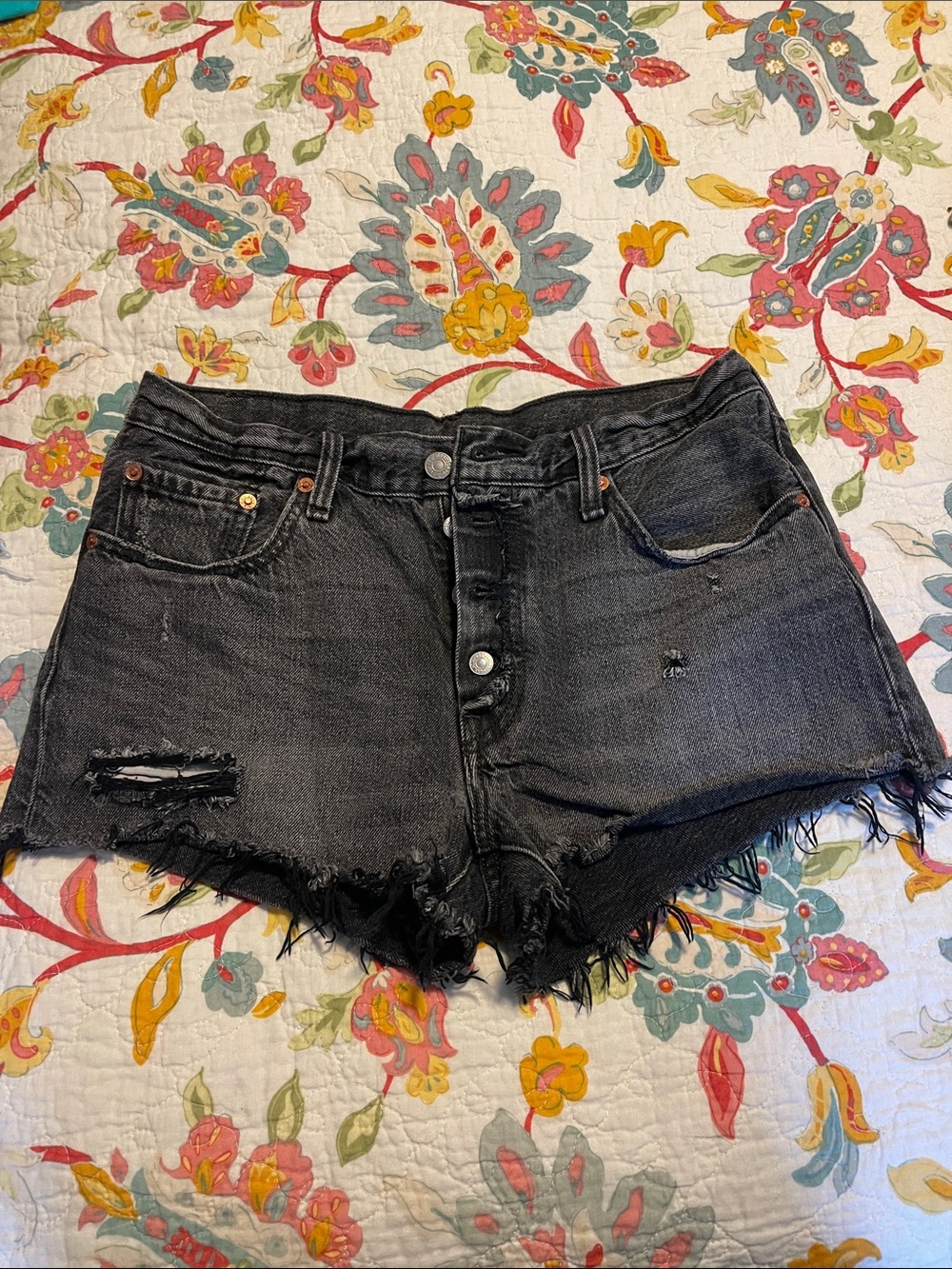 Levi’s Black Distressed High-Rise Denim Shorts